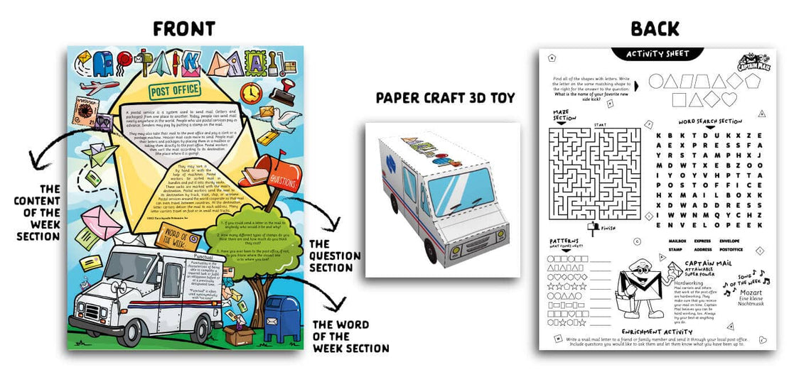 Post Office Captain Mail sample image with letter, activity sheet and 3d papercraft toy