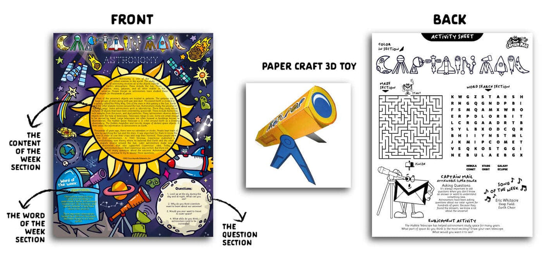Coral Reef Captain Mail sample image with letter, activity sheet, and 3d papercraft toy